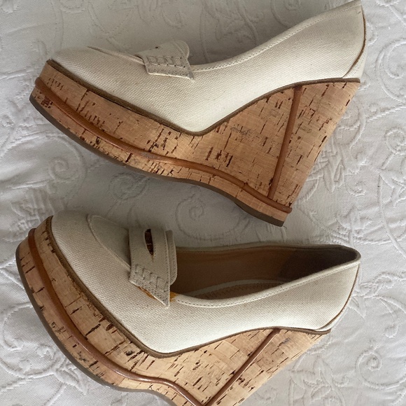 Chloe Beige cork platform wedge penny loafers 37 - Picture 1 of 6